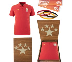 Resim Galatasaray Orijinal Puma A Takım Kırmızı 5 Yıldız Polo T-Shirt Atkı ve Bileklik Hediyelik Ahşap Kutulu 