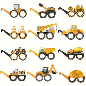 Resim 6 adet İnşaat Aracı Temalı Parti Fotoğraf Kabini Aksesuarları - Kazıcı, Buldozer, Kamyon, Kasklı Gözlükler - Bebek Duşu, Doğum Günü, Mühendislik Temalı Etkinlikler için Kağıt Parti Süsleri 
