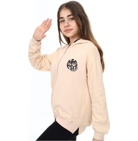 Resim Toontoy Kız Çocuk Kapüşonlu Fermuarlı Düşük Omuz Nakış Baskılı Yırtmaç Detaylı Örme Hırka - 3 İplik Şardonsuz Bej 