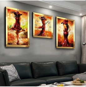 Resim YAĞLI BOYA GÖRÜNÜMLÜ GENÇ KADIN PLEKSİ KENAR 3'LÜ MDF TABLO VE SAAT SETİ 