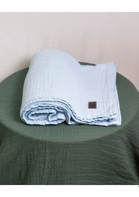 Resim 4 Katlı Müslin Yatak Örtüsü - Battaniye Pike %100 Organik Pamuk Dört Mevsim Yumuşak Tek Kişilik Açık Mavi 