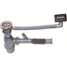 Resim AKKON Lüks Evye Taslı Körüklü Çift Çıkışlı Damlalıklı Lavabo/Evye Sifonu Gider Borusu Geniş Kafa Paslanmaz 