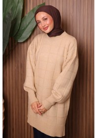 Resim Balenbi Kare Dokulu Oversize Yumoş Tesettür Triko Tunik 7012 Bej 