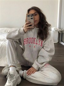 Resim Brooklyn Usa Kışlık Alt Üst Takımı Sweatshirt Eşofman Altı - Gri Baskılı Oversize Kapüşonlu Gri 