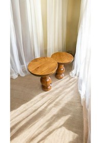 Resim Simillo Wood Ahşap 2'li Set Mantar Yan Sehpa Modern Fiskos / Tik Ağacı Renk / Zigon Sehpa Vernikli Tik Ağacı 