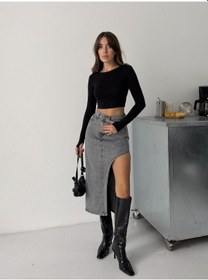 Resim Kadın Uzun Ön Parçalı Asimetrik Kot Etek Kar Siyahı 