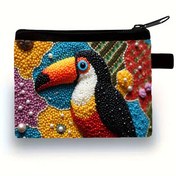 Resim Kadın Tropikal Tukan Madeni Para Cüzdanı - Boncuklu Kuş Tasarımlı Kompakt Cüzdan, Anahtarlar, Kartlar, Makyaj için Taşınabilir El Çantası - Hafif Günlük Taşıma Çantası, Sarı, Pembe, Yeşil, Kırmızı - Kadınlar için Mükemmel Hediye, Seyahat Aksesuarı, Eğlenceli Estetik 