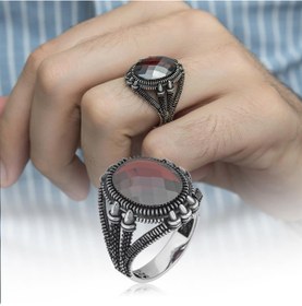 Resim Oval Kırmızı Taşlı 925 Gümüş Erkek Yüzük 