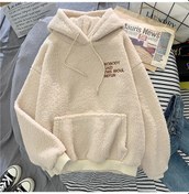 Resim Bej Canvaus Sonbahar Kış Ceket Pembe Tatlı Kapşonlu Üzgünüm Baskı Harajuku Gevşek Cep Kapüşonlu Üstler Bayan Polar Flanel Kazak Kadın Kazak Bej 