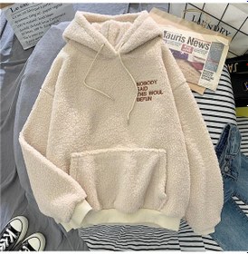 Resim Bej Canvaus Sonbahar Kış Ceket Pembe Tatlı Kapşonlu Üzgünüm Baskı Harajuku Gevşek Cep Kapüşonlu Üstler Bayan Polar Flanel Kazak Kadın Kazak Bej 