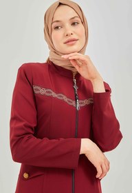Resim Önü Nakışlı Belden Oturtmalı Ferace Bordo | 20947 - 42 / Bordo 