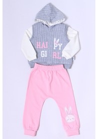 Resim Kız Bebek Yelekli Takım Kapşonlu Çıtçıtlı Tavşan Baskılı A15 Pembe 