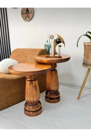 Resim AYLESA Doğal Ahşap 2’li Set Mantar Yan Sehpa Modern Açık Ceviz Fiskos Zigon Çiçeklik 