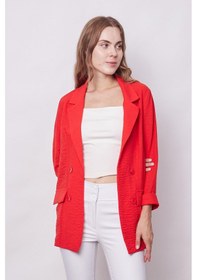 Resim Yazlık Likrasız Keten Kumaş Yakalı Cep Kapaklı Oversize Blazer Ceket-koyu Mercan K.mercan 