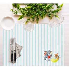 Resim Adawall Home Tom And Jerry Striped Kumaş Amerikan Servis 4'lü Set Beyaz - Mavi 