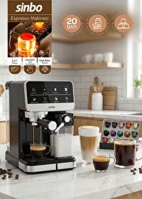 Resim Sinbo Espresso Cappucino Latte 20 Bar Süt Köpürtücülü Kapsül Kullanım Aparatı Profesyonel Otomatik Espresso Makinesi 