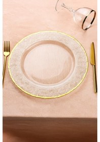 Resim Altın Detaylı Yuvarlak Cam Supla 33 Cm Servis Ve Dekor Tabağı Şeffaf - Altın 