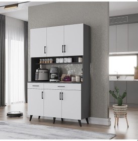 Resim Maya Kahve Köşesi Çok Amaçlı Dolap Kiler Mutfak Dolabı Füme Beyaz 120cm Antrasıt - Beyaz 