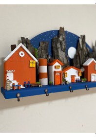 Resim 7 Kancalı El Yapımı Ahşap Ev Temalı Dekoratif Duvar Anahtarlık Askısı 50x25 Cm - 
