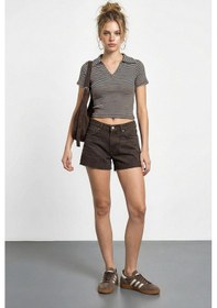Resim Shade Kadın Polo Yaka Çizgili Kaşkorse Crop Basic T-shirt 60284011 - Kahverengi-bej Çok Renkli 