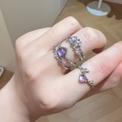 Resim 3 Parça Şık Çiçek ve Kalp İşlemeli Yığınabilir Kadınlar ile Erkekler için Minimalist Günlük & Parti Takısı, Yeşil, Mor & Pembe Taş ıyla Zarif Floral Aksanlı Halkalar - Tüm Sezon Boyunca Esnek Giyim, Kaplama Olmayan, Bakım Talep Etmey, yüzeysiz Temiz Yılboyu kullandırma kolaylık Kişiselleştirmelere Uygundur 