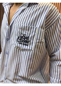 Resim Plus Barkode Mavi Çizgili Erkek Gömlek Relaxed Fit, Uzun Kollu, Yazlık Hafif Kumaş, Cep Detaylı Beyaz Mavi Çizgili 