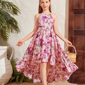 Resim Kızlar için Kolsuz Çiçek Baskılı Elbise ve Bağcıklı Detay - Hafif Polyester, Fırfır Etek, Yaz Tatil Tatilleri için Mükemmel, Tatil Elbisesi 