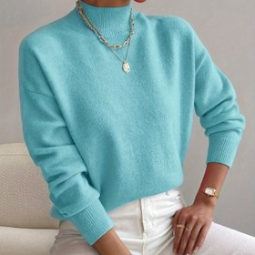 Resim Kadınlar için Düz Renk Şık Yüksek Yaka Uzun Kollu Omuz Düşük Kazak 