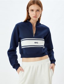 Resim Koton Crop Sweatshirt Yarım Fermuar Detaylı Renk Bloklu Üç İplik Şardonlu Lacivert 5wak10052ek Lacivert 