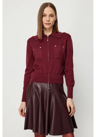 Resim On Kadın Cep Detaylı Fermuarlı Triko Hırka 69904 Bordo Bordo 