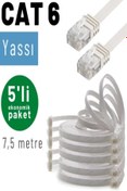 Resim IRENIS Beyaz 5 Adet Cat6 Yassı Ethernet Network Lan Internet Kablosu -7.50 Metre 