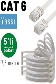 Resim IRENIS Beyaz 5 Adet Cat6 Yassı Ethernet Network Lan Internet Kablosu -7.50 Metre 