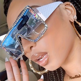 Resim Kadınlar İçin Taşlı Büyük Boy Kalkan Şeklinde Moda Gözlük - Parti ve Günlük Kullanım için Parlak Aksesuar, Dekoratif Lensli, Lens Koruma Yok, Dayanıklı Çerçeve 