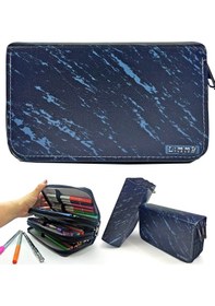 Resim Kalem Kutusu Siyah Mavi Desenli Kawai Organizer Kalemkutu Vegan Deri Üç Bölmeli Kalemlik - Siyah Siyah 