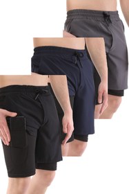 Resim Ghassy Co Erkek 3'lü Paket Running Hızlı Kuruma Micropoly Antrenman Fitness Kısa Taytlı Spor Şort 