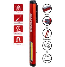 Resim İzeltaş Cob Led Şarjlı Lazer Pointer Kalem Tipi Fener 300 Lm Kırmızı - Siyah 