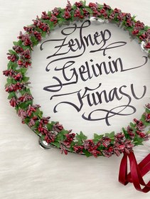 Resim ZEYMERADE Bordo Ledli Şeffaf Gelin Tefi 32cm Cipsolu Saten Kurdele Düğün Kına Nedime Bride Parti Defi 