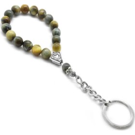 Resim Gül Endam Sarı-Gri Kaplangözü Doğaltaş-Çelik Kombinli Tesbih Anahtarlık 