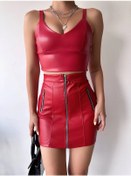 Resim Biçomi Üç Fermuarlı Deri Etek Bordo S24510 Bordo 