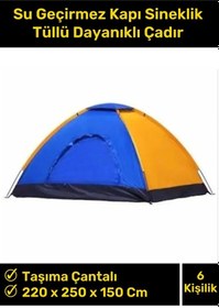 Resim Premium Su Geçirmez Kapı Sineklik Tüllü Dayanıklı Kumaş Pratik Kolay Kurulum 6 Kişilik Kamp Çadırı Mavi - Turuncu 