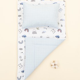 Resim Alt Açma Matı ve Yastık - Çift Taraflı - Mavi Muslin - Mavi Kedi 