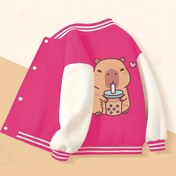 Resim Kızlar için Şık Pembe ve Beyaz Karikatür Ayı Baskılı Ceket - Rahat Varsity Bomber, Aplike, Beyzbol Yaka ve Kontrast Dikiş ile Sonbahar/Kış için 