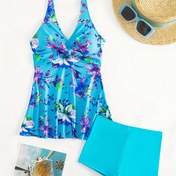Resim Kadınların Tropikal Baskılı Tankini Seti, Çapraz Askılı Detaylı, V-Yaka Kolsuz Mayo, Yüksek Esneklikli Polyester Kumaş, Havuz Kenarında veya Plaj Giyiminde Şık ve Seksi, Plaj Giyim Seti|V-yaka Askılı Üst|Esnek Kumaş, Bayanlar Mayo 