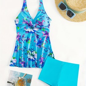 Resim Kadınların Tropikal Baskılı Tankini Seti, Çapraz Askılı Detaylı, V-Yaka Kolsuz Mayo, Yüksek Esneklikli Polyester Kumaş, Havuz Kenarında veya Plaj Giyiminde Şık ve Seksi, Plaj Giyim Seti|V-yaka Askılı Üst|Esnek Kumaş, Bayanlar Mayo 