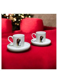 Resim 2 Kişilik Porselen Yılbaşı Penguen Metal Figürlü Kahve Fincan Tak 