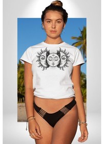 Resim Ay Ve Güneş Retro Unisex Unisex Beyaz Organik Baskılı T-shirt Penye Yüksek Kalite Beyaz 