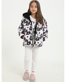 Resim First Steps Kız Çocuk Beyaz Mor Çiçek Desen İçi Polar Su Ve Rüzgar Geçirmez Kapüşonlu Cepli Şişme Kışlık Mont Beyaz 