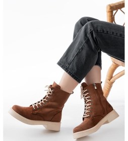 Resim 02-356 Taba Süet Düz Topuklu Bağcıklı Fermuarlı Günlük Kadın Bot Beyaz 