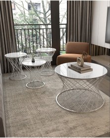 Resim Puklife Hasır 4lü Zigon Sehpa Ve Orta Sehpa Seti Gümüş - Beyaz Cam 