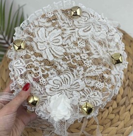 Resim Lüks Dantel 3D Çiçek Kurdele Süslemeli Zilli Gelin Nedime Tefi - Beyaz 